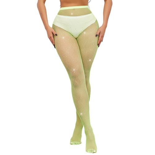 BrightGlow Damen Netzstrumpfhosen Strass Fishnet Stockings Hohe Taille Mesh Strumpfhosen Nahtlos Netzs Leggings Damen Glitzer Strumpfhose mit Strass Elastisch Feinstrumpfhosen Gelb Einheitsgröße von BrightGlow