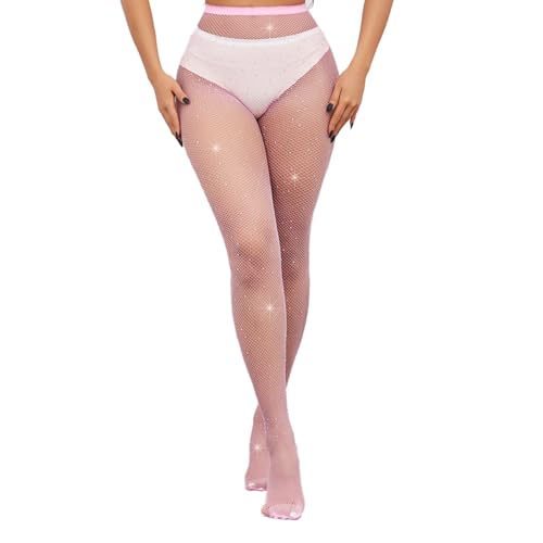 BrightGlow Damen Netzstrumpfhosen Strass Fishnet Stockings Hohe Taille Mesh Strumpfhosen Nahtlos Netzs Leggings Damen Glitzer Strumpfhose mit Strass Elastisch Feinstrumpfhosen Rosa Einheitsgröße von BrightGlow