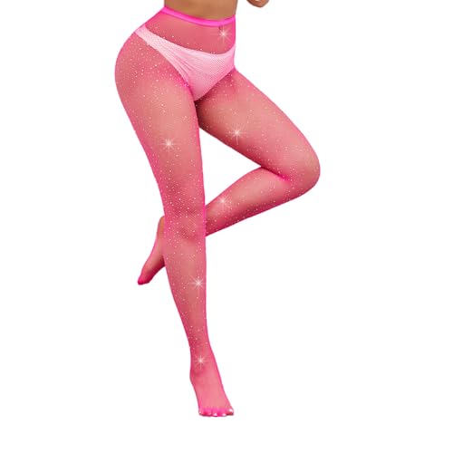 BrightGlow Damen Netzstrumpfhosen Strass Fishnet Stockings Hohe Taille Mesh Strumpfhosen Nahtlos Netzs Leggings Damen Glitzer Strumpfhose mit Strass Elastisch Feinstrumpfhosen Rosa# Einheitsgröße von BrightGlow