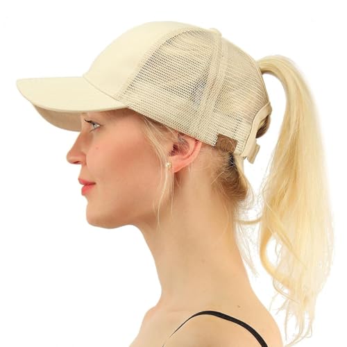 BrightGlow Damen Pferdeschwanz Baseballkappe Baseball Trucker Mesh Baseball Cap Damen Einstellbar Baseballkappe Mesh Sommer Basecap Sommersportmütze Baseballmütze für Frauen Beige Einheitsgröße von BrightGlow