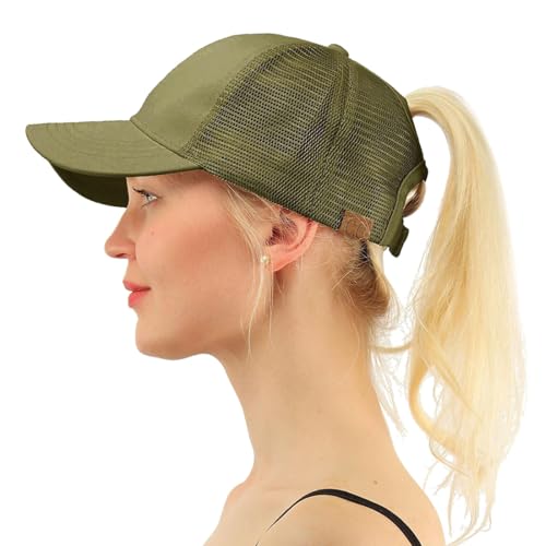 BrightGlow Damen Pferdeschwanz Baseballkappe Baseball Trucker Mesh Baseball Cap Damen Einstellbar Baseballkappe Mesh Sommer Basecap Sommersportmütze Baseballmütze für Frauen Militärgrün Einheitsgröße von BrightGlow