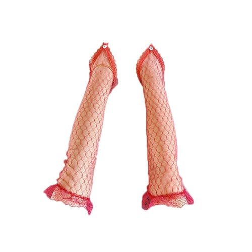 BrightGlow Damen Spitze Handschuhe Lange Hochzeit Braut Handschuhe Fingerlose Spitze mit Fingerschlaufe Lolita Handschuhe Vintage Netzhandschuhe Abendhandschuhe für halloween Hochzeit Rot 1Paar von BrightGlow