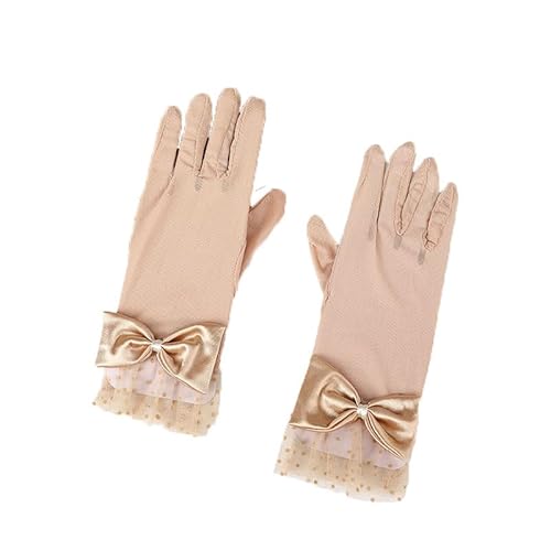 BrightGlow Damen Spitzen Handschuhe Kurze Hochzeit Party Handschuhe Net Handschuhe mit Schleife Elegante Punkt Spitzenhandschuhe Vintage-Opernhandschuhe Sommerhandschuhe für Party Champagner 1 Paar von BrightGlow