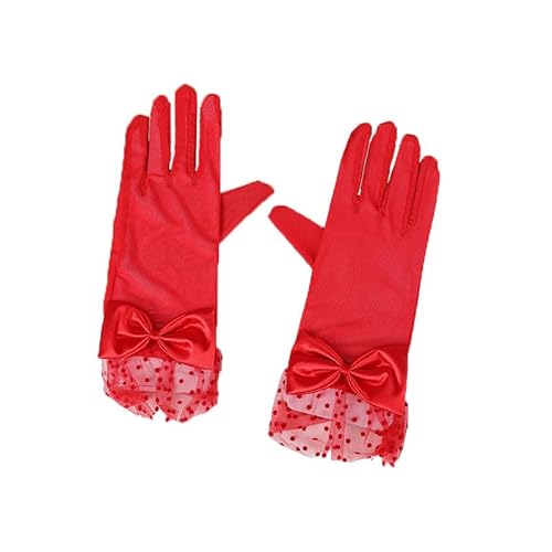 BrightGlow Damen Spitzen Handschuhe Kurze Hochzeit Party Handschuhe Net Handschuhe mit Schleife Elegante Punkt Spitzenhandschuhe Vintage-Opernhandschuhe Sommerhandschuhe für Party Rot 1 Paar von BrightGlow