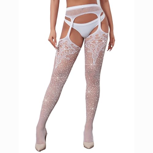 BrightGlow Damen Straps Strumpfhose Strass Sexy Netzstrumpfhose Glitzer Strumpfhose mit Strass Netzstrümpfe mit Muster Strapsstrümpfe Ouvert Damen-Netzstrumpfhose für Partys Weiß Einheitsgröße von BrightGlow