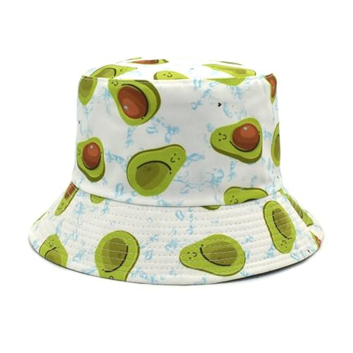 BrightGlow Fischerhut Sonnenhut Damen Herren Sommer Fischerhüte Obst Hut Faltbarer Sonnenblende Beideseitig Tragen Bucket Hat UV-Schutz Strand-Sonnenhut Wanderhut Weiße Avocado Einheitsgröße von BrightGlow