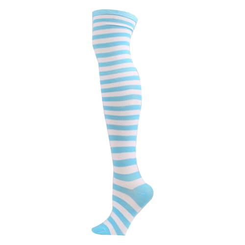 BrightGlow Frauen Lange Streifen Socken Winter Hohe Socken Lange Gestreifte Socken Weihnachtssocken Überkniehohe Streifen Gestreifte Overknee Strümpfe Damen Socken Blau-Weiß Einheitsgröße von BrightGlow