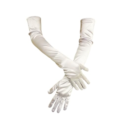 BrightGlow Satin Handschuhe Lang Damen 55cm - Elegant Abendhandschuhe 1920er Classic - Elastic Satinhandschuhe für Opera, Party, Halloween, Karneval, Kostüm - Opernhandschuhe Braut Weiß von BrightGlow