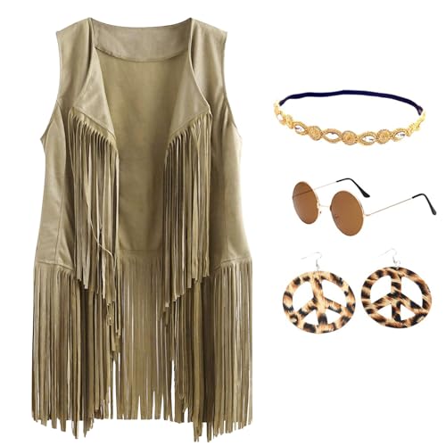 BrightGlow Hippie Kostüm Damen Fransen Weste 70er Jahre ärmellose Weste Karneval Faschingskostüme Disco Outfit Kostüm Cardigan Wildleder Halloween Kostüm mit Ohrringe Kopfring Brillen Aprikose XXXL von BrightGlow