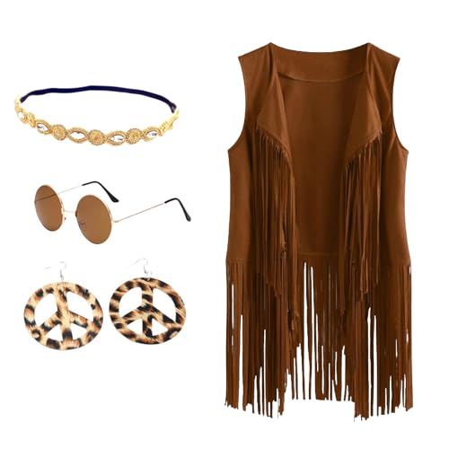 BrightGlow Hippie Kostüm Damen Fransen Weste 70er Jahre ärmellose Weste Karneval Faschingskostüme Disco Outfit Kostüm Cardigan Wildleder Halloween Kostüm mit Ohrringe Kopfring Brillen Kaffee XXL von BrightGlow