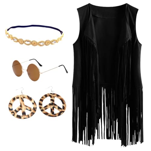 BrightGlow Hippie Kostüm Damen Fransen Weste 70er Jahre ärmellose Weste Karneval Faschingskostüme Disco Outfit Kostüm Cardigan Wildleder Halloween Kostüm mit Ohrringe Kopfring Brillen Schwarz M von BrightGlow