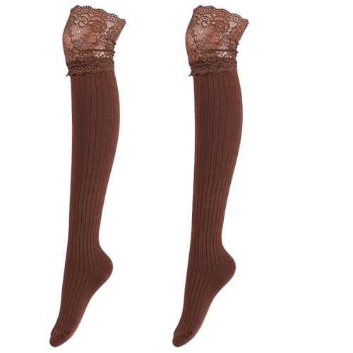 BrightGlow Kniestrümpfe Damen Oberschenkel Hohe Spitze Socken Thermosocken Beinwärmer mit Spitze Baumwolle Lange Kniestrümpfe Overknee Socken Winter Beinstulpen Damen-Socken Kaffee Einheitsgröße von BrightGlow