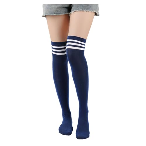 BrightGlow Lange Gestreifte Socken Damen Socken Streifen Oberschenkelhohe Socken Winter Hohe Socken Kniestrümpfe Damen Overknee-Socken Thermosocken Stiefelstrümpfe Marineblau#13 Einheitsgröße von BrightGlow