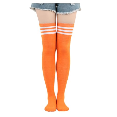 BrightGlow Lange Gestreifte Socken Damen Socken Streifen Oberschenkelhohe Socken Winter Hohe Socken Kniestrümpfe Damen Overknee-Socken Thermosocken Stiefelstrümpfe Orange#26 Einheitsgröße von BrightGlow