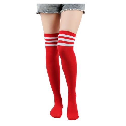 BrightGlow Lange Gestreifte Socken Damen Socken Streifen Oberschenkelhohe Socken Winter Hohe Socken Kniestrümpfe Damen Overknee-Socken Thermosocken Stiefelstrümpfe Rot#19 Einheitsgröße von BrightGlow