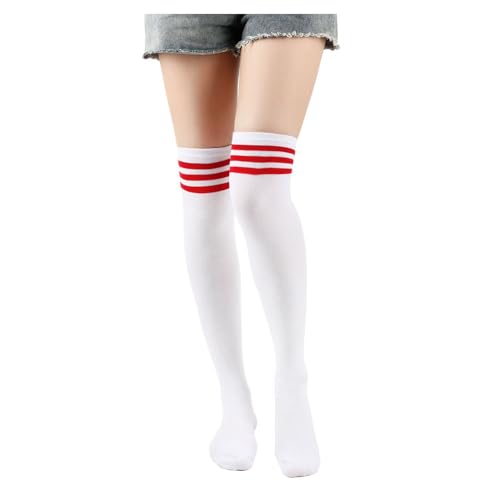 BrightGlow Lange Gestreifte Socken Damen Socken Streifen Oberschenkelhohe Socken Winter Hohe Socken Kniestrümpfe Damen Overknee-Socken Thermosocken Stiefelstrümpfe Weiß#10 Einheitsgröße von BrightGlow