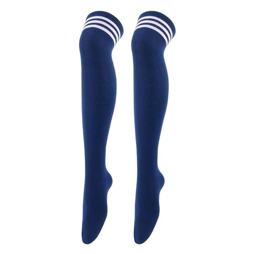 BrightGlow Lange Gestreifte Socken Damen Socken Streifen Oberschenkelhohe Socken Winter Hohe Socken Kniestrümpfe Damen Overknee-Socken Thermosocken Stiefelstrümpfe blau#24 Einheitsgröße von BrightGlow