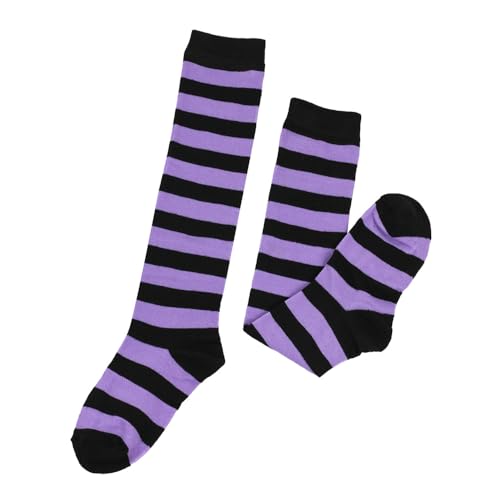 BrightGlow Lange Gestreifte Socken Kinder Oberschenkelhohe Socken Weihnachtliche Gestreifte Strümpfe Kniestrümpfe Hohe Socken Mädchen Überkniehohe Streifen Sportsocken lila-schwarz#6 Einheitsgröße von BrightGlow