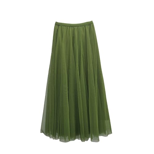 BrightGlow Langer Maxi-Tüllrock Damen A-Linie Midi Rock Unterrock Lagenrock Faltenrock Damen-Tüllrock mit hoher Taille Bühnenkleid Mesh Tutu Röcke für Hochzeit Party Militärgrün S von BrightGlow