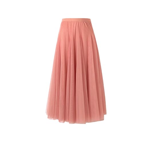 BrightGlow Langer Maxi-Tüllrock Damen A-Linie Midi Rock Unterrock Lagenrock Faltenrock Damen-Tüllrock mit hoher Taille Bühnenkleid Mesh Tutu Röcke für Hochzeit Party Rosa#1 XS von BrightGlow