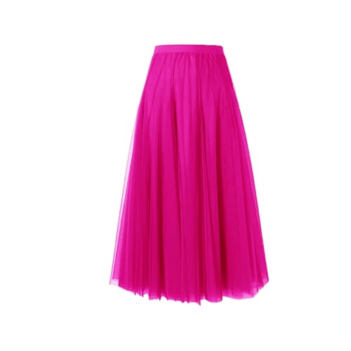 BrightGlow Langer Maxi-Tüllrock Damen A-Linie Midi Rock Unterrock Lagenrock Faltenrock Damen-Tüllrock mit hoher Taille Bühnenkleid Mesh Tutu Röcke für Hochzeit Party Rosenrot L von BrightGlow