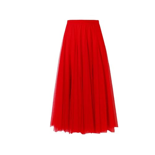 BrightGlow Langer Maxi-Tüllrock Damen A-Linie Midi Rock Unterrock Lagenrock Faltenrock Damen-Tüllrock mit hoher Taille Bühnenkleid Mesh Tutu Röcke für Hochzeit Party Rot M von BrightGlow
