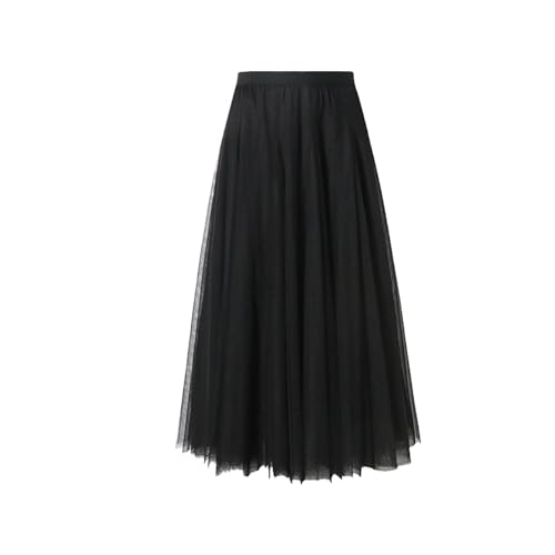 BrightGlow Langer Maxi-Tüllrock Damen A-Linie Midi Rock Unterrock Lagenrock Faltenrock Damen-Tüllrock mit hoher Taille Bühnenkleid Mesh Tutu Röcke für Hochzeit Party Schwarz XXL von BrightGlow