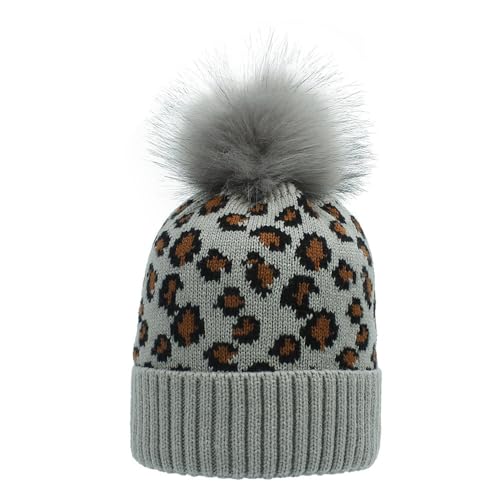 BrightGlow Mütze mit Leopardenmuster Wintermütze für Damen Beanie-Mütze mit Tierdruck Leopard Print Strickmütze Bommelmütze Damen Acryl-Strickmütze Totenkopf-Mütze Grau Einheitsgröße von BrightGlow