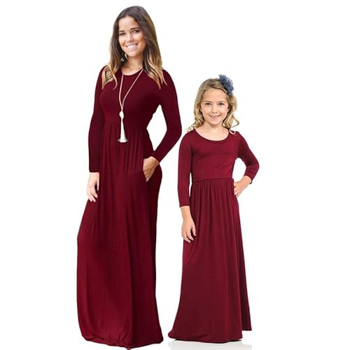 BrightGlow Mutter Tochter Kleid Set Langarm Maxikleid Strandkleid Long Maxi Kleider mit Taschen Herbst Winter Kleid Rock Family Matching Passende Outfits Bodenlanger Rock Kinder（Weinrot） L von BrightGlow