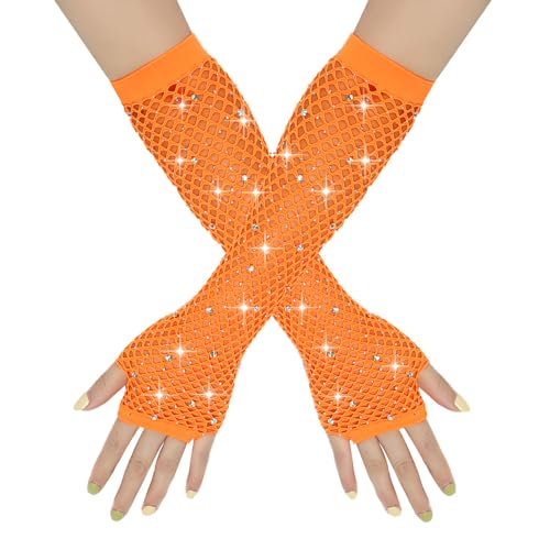 BrightGlow Netzhandschuhe Damen Lang Fischnetz Fingerlose Handschuhe Strass Mode Lang Netz Mesh Handschuhe Abendhandschuhe Opernhandschuhe für 80er Jahre Kostümparty Zubehör Orange Einheitsgröße von BrightGlow