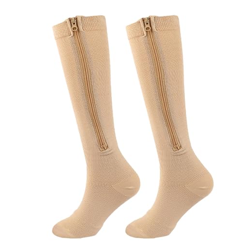 BrightGlow Reißverschluss-Kompressionsstrümpfe Damen Herren Sport Kompressionssocken Thrombosestrümpfe Medizinische Kniestrümpfe Stützstrümpfe Elastische Compression Socks Hautfarbe L von BrightGlow