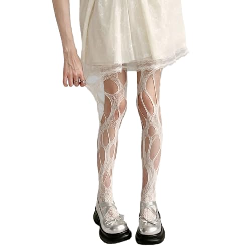 BrightGlow Sexy Netzstrumpfhose Damen Zerrissene Strumpfhose Punk Netzstrümpfe Blumen Spitze Muster Strumpfhose Elastisch Hohe Taille Fischernetz Mesh Strümpfe Fishnet Stockings Weiß Einheitsgröße von BrightGlow