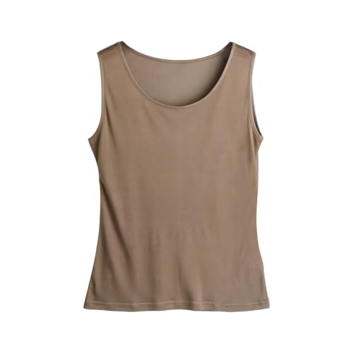 BrightGlow Top Damen Tank Top aus Seide ärmelloses T-Shirts Bequeme Unterhemden Elegantes Unterwäsche Frauen Seidentop Ärmellos mit Rundhals Sexy Seide Unterhemd Top Damen-Tanktop Kamel L von BrightGlow