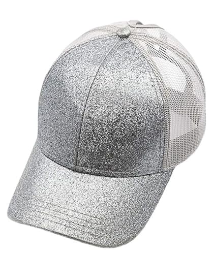 BrightGlow Unisex Mesh Cap Kinder Glitzern Mesh Baseball Cap Sonnenhut Junge Mädchen Einstellbar Sommersportmütze Pferdeschwanz Baseballkappe Baseball für Kinder Silber Einheitsgröße von BrightGlow