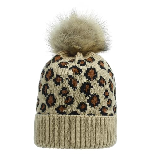 BrightGlow Winter Strickmütze für Damen und Herren Beanie-Mütze mit Leopardenmuster Acryl-Strickmütze Leopard Print Strickmütze Leopard Beanie Cap Big Pompom Hat Wintermütze Unisex Khaki Erwachsene von BrightGlow