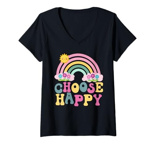 Damen Wählen Sie Happy Shirt | Rainbow Flower Power Retro T-Shirt mit V-Ausschnitt Damen Wählen Sie Happy Shirt | Rainbow Flower Power Retro T-Shirt mit V-Ausschnitt von BrightMood Apparel
