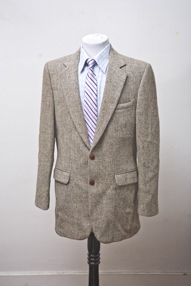 Größe 42 Vintage Harris Tweed Wolle Herringbone Sport Mantel von BrightWall