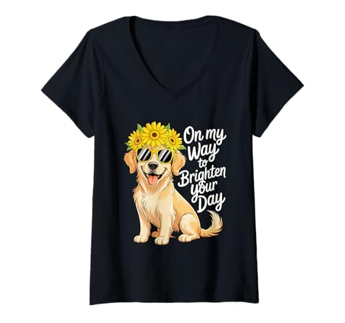 Damen Auf Meinem Weg, Ihren Tag zu verschönern, Hundeliebhaber, Tierbesitzer, Sonnenblume T-Shirt mit V-Ausschnitt von Brighten Your Day Dog Sunflower Pet Owner