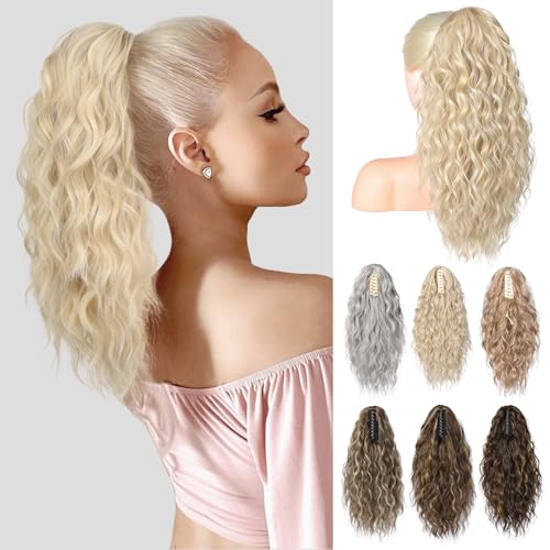 BRIKABIA Ponytail Extension Pferdeschwanzverlängerung Haarteil mit Klammer, Lange, Gewellte, Lockige Pferdeschwanz Haarteil Clip in Haarverlängerung für Frauen, 40cm, kühles Blond von Brikabia