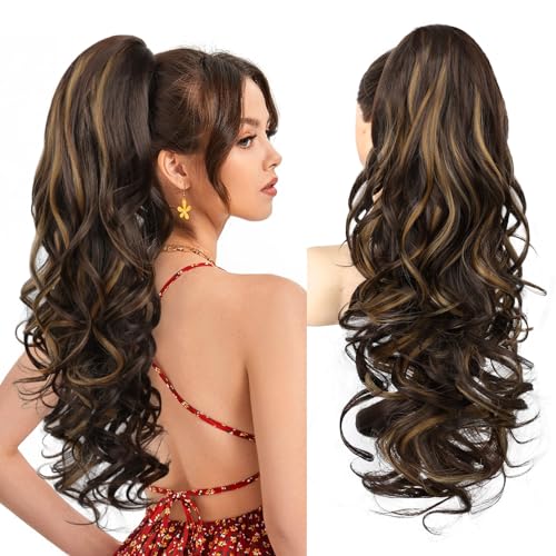 Brikabia Pferdeschwanz-Verlängerung, 61 cm, Haarklammer, Pferdeschwanz-Verlängerung, lang, gelockt, gewellt, Pferdeschwanz-Haarverlängerung, Kiefer-Clip, natürliches Haarteil für Frauen, Dunkelbraun von Brikabia