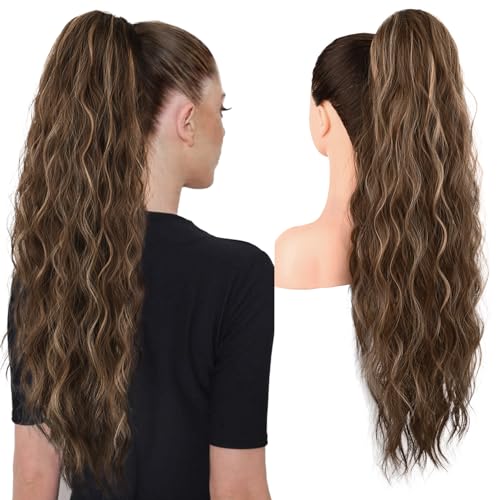 Brikabia Ponytail Extension, 66cm Lange Zopf Pferdeschwanz Haarverlängerung Beach Gewellt Natürliches Clip in Pferdeschwanz Haarteil Kunsthaar für Damen, Schokoladenbraun mit Blonden Reflexen Brikabia Ponytail Extension, 66cm Lange Zopf Pferdeschwanz Haarverlängerung Beach Gewellt Natürliches Clip in Pferdeschwanz Haarteil Kunsthaar für Damen, Schokoladenbraun mit Blonden Reflexen von Brikabia