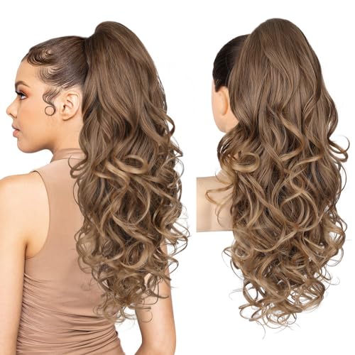 Ponytail Extension, 61cm Lange Zopf Pferdeschwanz Haarverlängerung Natürliches Clip in Pferdeschwanz Haarteil Kunsthaar für Damen, Dunkles Aschblond mit goldenen Enden von Brikabia