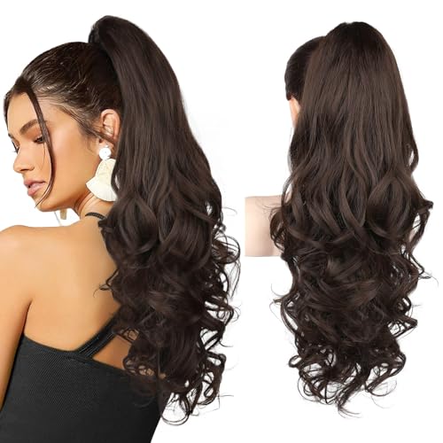 Ponytail Extension, 61cm Lange Zopf Pferdeschwanz Haarverlängerung Natürliches Clip in Pferdeschwanz Haarteil Kunsthaar für Damen, Dunkles Schokoladenbraun von Brikabia