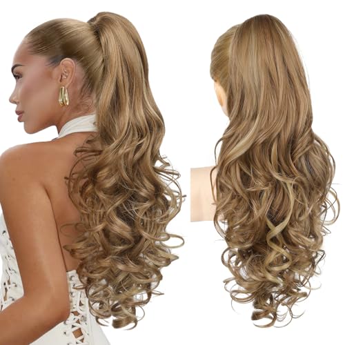 Ponytail Extension, 61cm Lange Zopf Pferdeschwanz Haarverlängerung Natürliches Clip in Pferdeschwanz Haarteil Kunsthaar für Damen, Hellbraun mit Highlights von Brikabia
