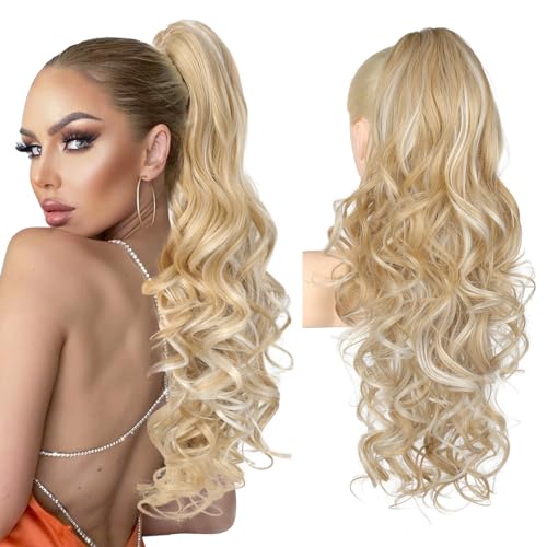 Ponytail Extension, 61cm Lange Zopf Pferdeschwanz Haarverlängerung Natürliches Clip in Pferdeschwanz Haarteil Kunsthaar für Damen, Mittelblond mit Highlights von Brikabia