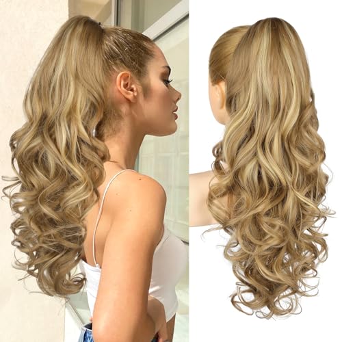 Ponytail Extension, 61cm Lange Zopf Pferdeschwanz Haarverlängerung Natürliches Clip in Pferdeschwanz Haarteil Kunsthaar für Damen, Mittelblond mit blonden Strähnchen von Brikabia