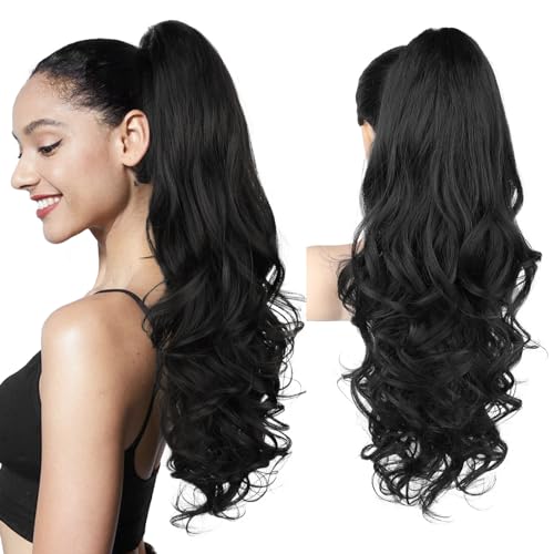 Ponytail Extension, 61cm Lange Zopf Pferdeschwanz Haarverlängerung Natürliches Clip in Pferdeschwanz Haarteil Kunsthaar für Damen, Natürliches Schwarz von Brikabia