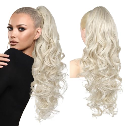 Ponytail Extension, 61cm Lange Zopf Pferdeschwanz Haarverlängerung Natürliches Clip in Pferdeschwanz Haarteil Kunsthaar für Damen, Platinblond von Brikabia