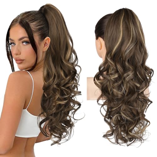 Ponytail Extension, 61cm Lange Zopf Pferdeschwanz Haarverlängerung Natürliches Clip in Pferdeschwanz Haarteil Kunsthaar für Damen, Schokoladenbraun mit Highlights von Brikabia
