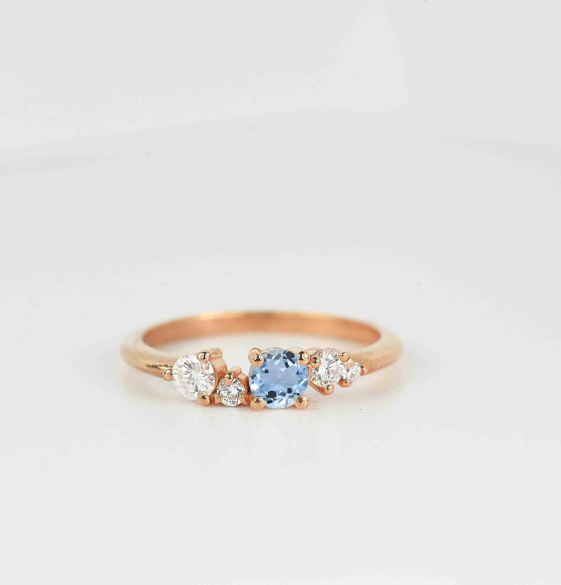 Aquamarin Verlobungsring | Natürlicher Promi Ring Diamant Multi-stone Promise Vintage Inspirierter Roségold Für Sie von BrilliantRings